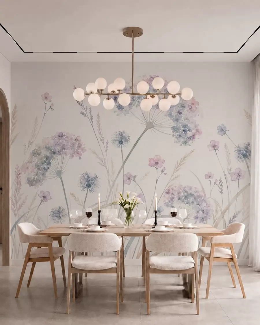 murales de pared Flores de prado en suaves tonos azules y lila w05731