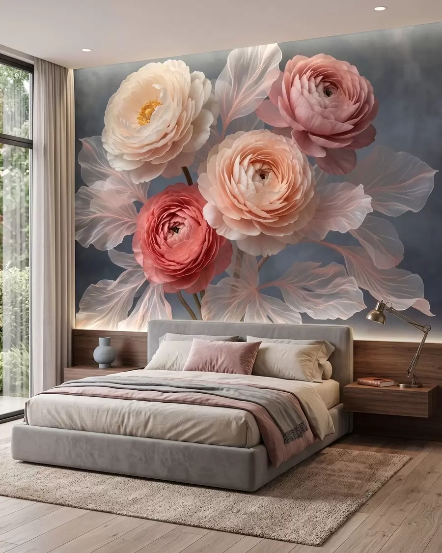 murales de pared Ramo de peonías y ranúnculos en tonos melocotón y rosa sobre un fondo oscuro w09926