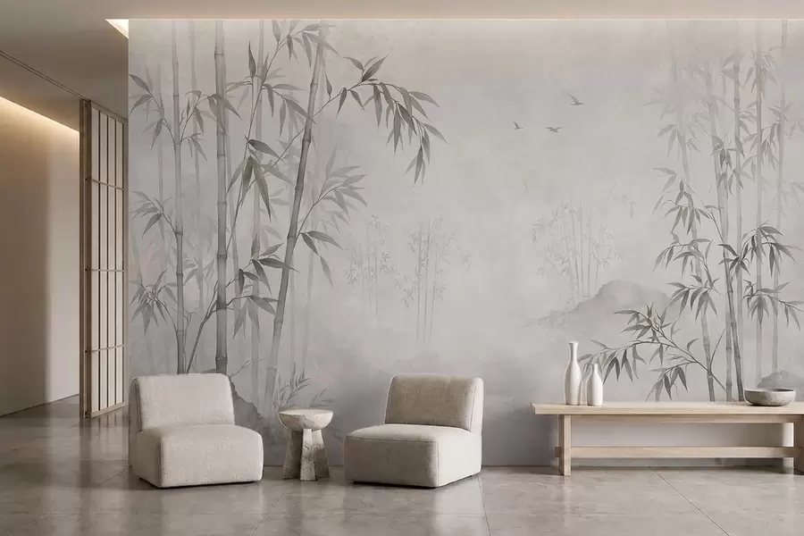 murales de pared Un bosque de bambú monocromático y envuelto en niebla junto a unas aguas tranquilas w05732v1