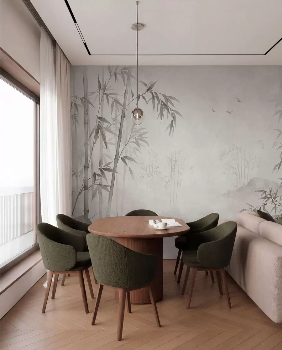 murales de pared Un bosque de bambú monocromático y envuelto en niebla junto a unas aguas tranquilas w05732v1