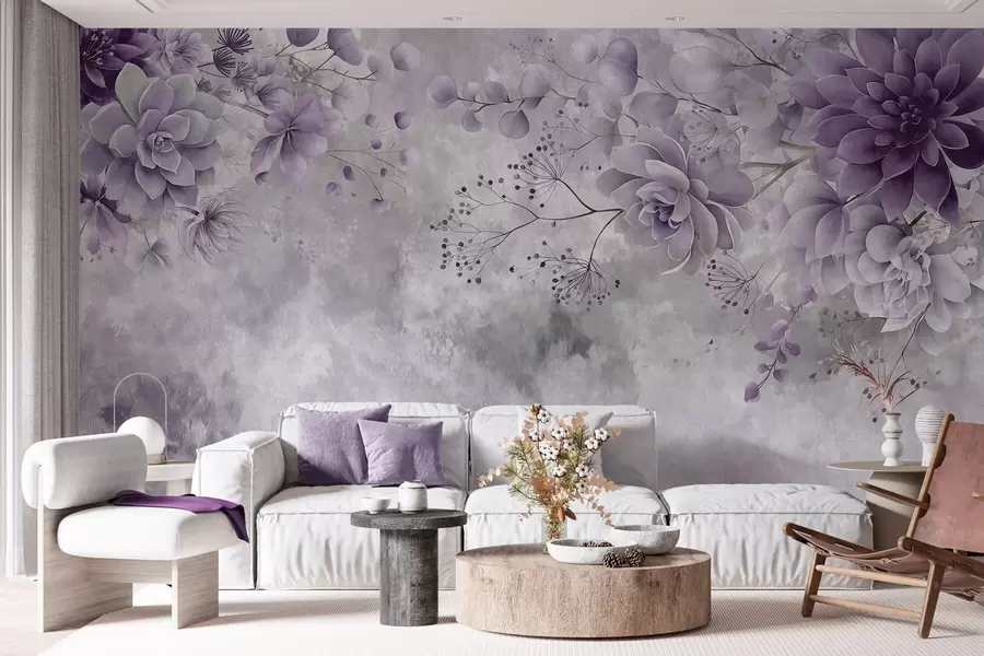 murales de pared Una vista desde arriba de unas flores fantásticas de estilo retro, en tonos morados w05753v2