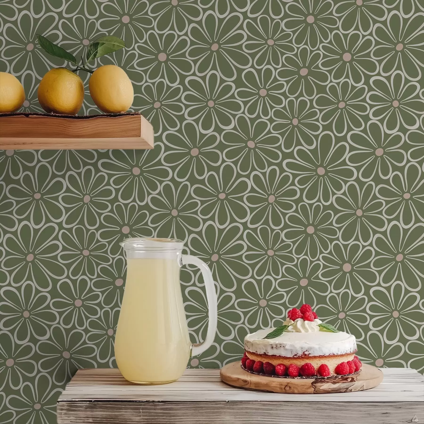 murales de pared Flores grandes con contorno sobre un fondo verde a01234