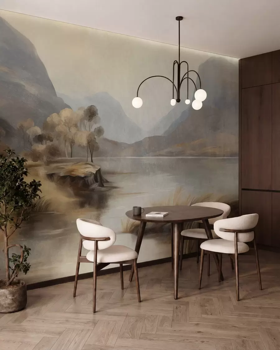 murales de pared Paisaje con texturas y tonos apagados, lago con montañas, hierba alta w09978