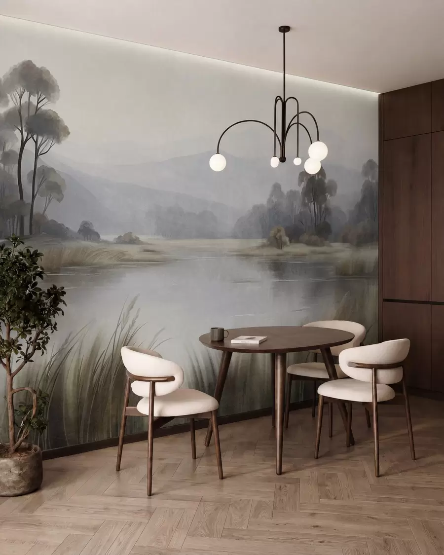 murales de pared Paisaje con relieve, con un lago, hierbas altas, árboles y montañas al fondo w09983