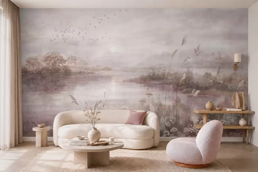 murales de pared Lago tranquilo en suaves tonos lila w05813v2