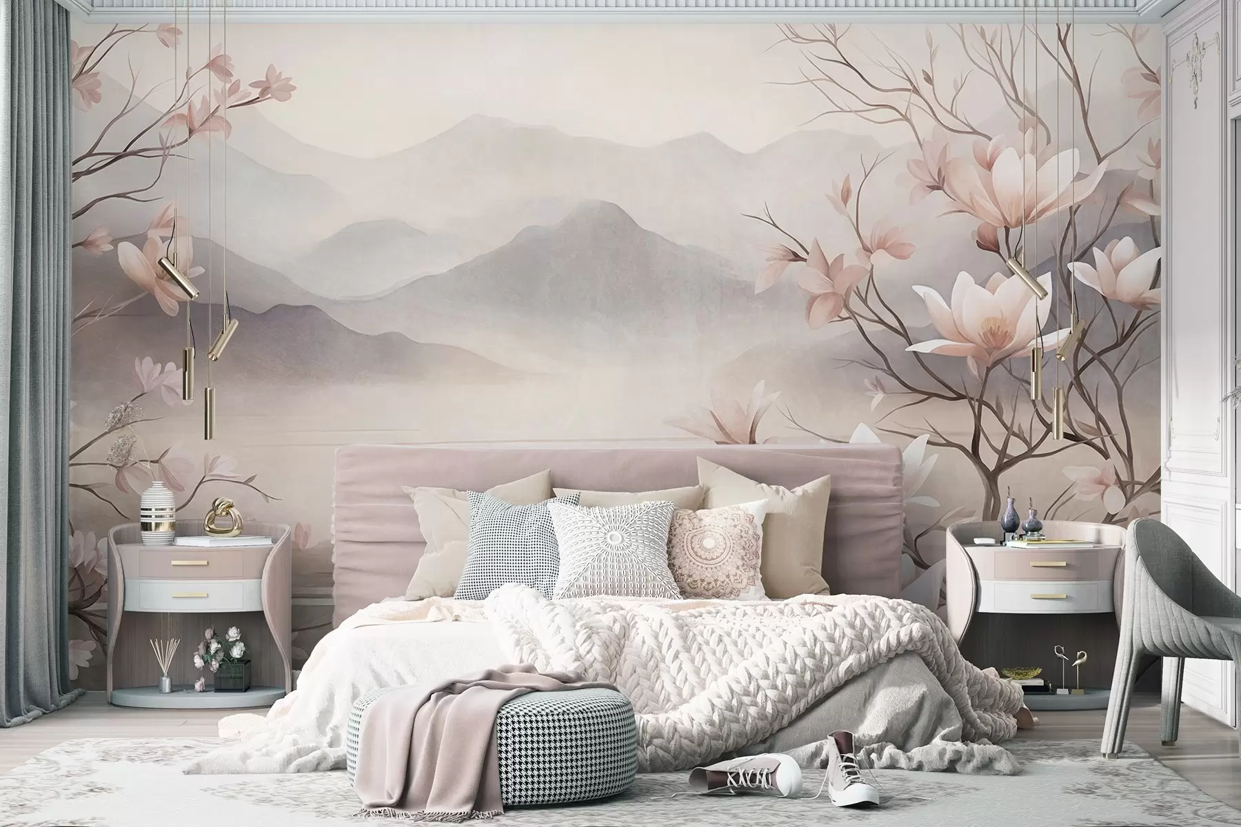 murales de pared Montañas y ramas de magnolia en flor de color rosa, paisaje con textura w10013