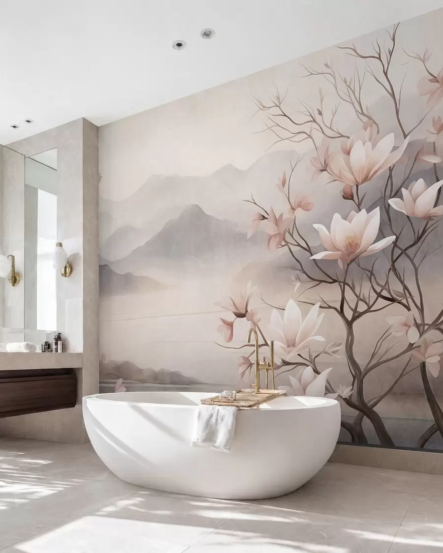 murales de pared Montañas y ramas de magnolia en flor de color rosa, paisaje con textura w10013