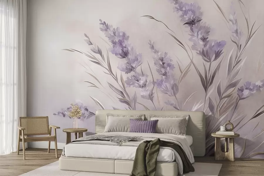 murales de pared Flores de lavanda con tallos y hojas largos, obra de arte con una textura suave en tonos pastel w10018
