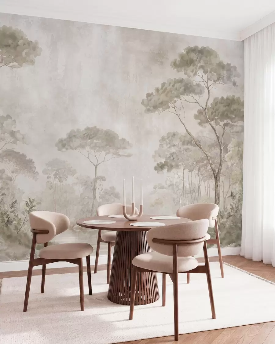 murales de pared Un bosque brumoso junto a unas aguas tranquilas, en suaves tonos pastel naturales w05817