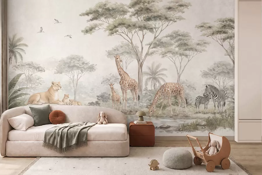 murales de pared Safari con jirafas, leones, cebras y árboles tropicales w05804