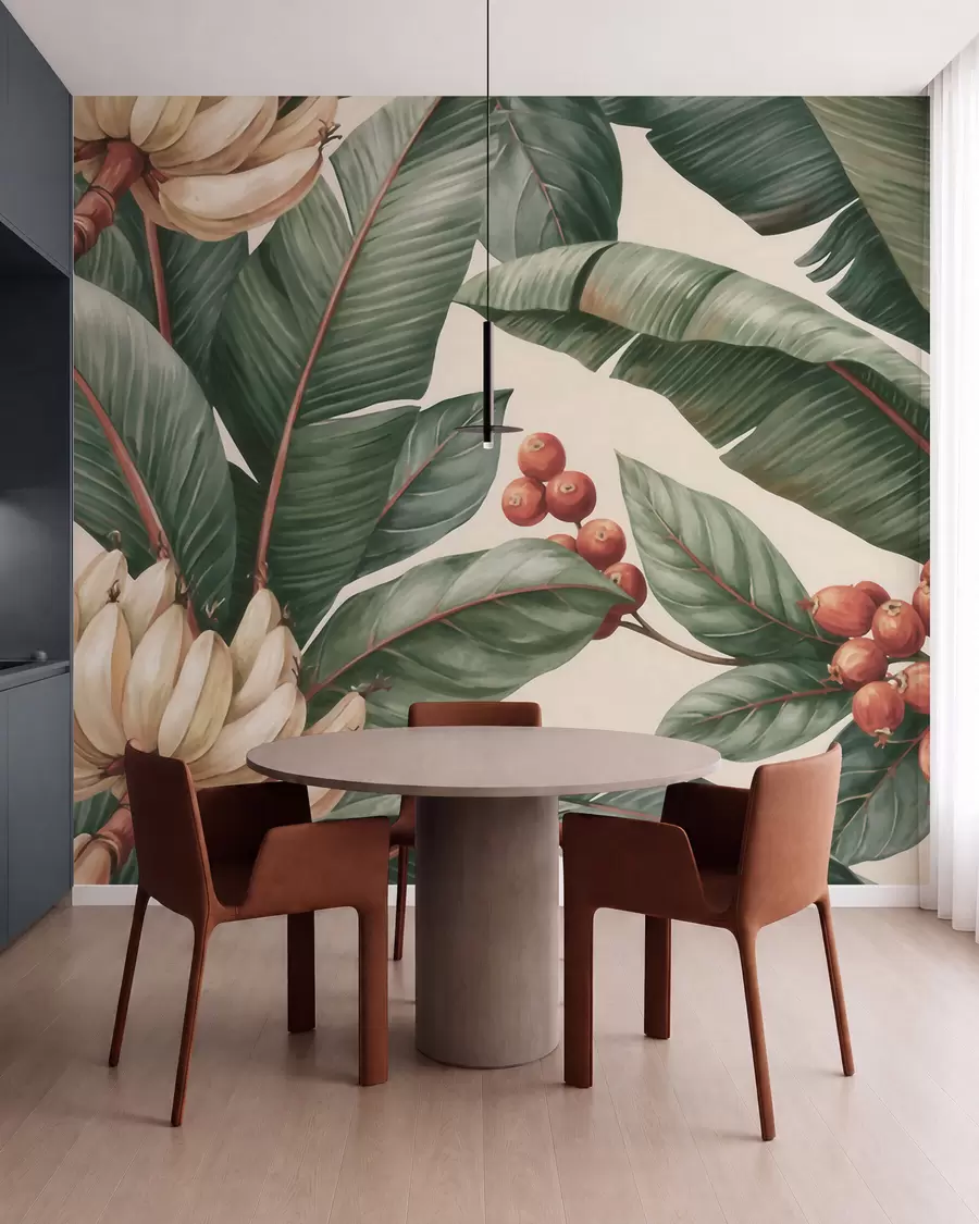 murales de pared Hojas de plátano tropicales con racimos de bayas de café rojas, estilo acuarela w09997
