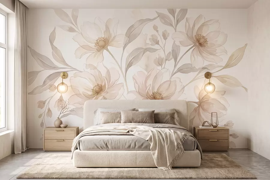 murales de pared Peonías etéreas en suaves tonos beige empolvado w10002