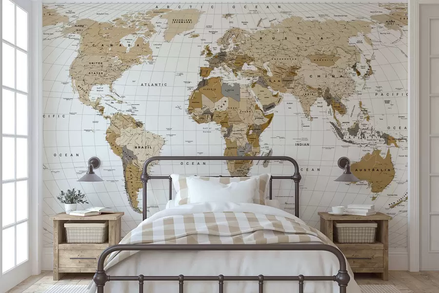 murales de pared Un mapa político del mundo en color marrón con banderas en inglés c00016en