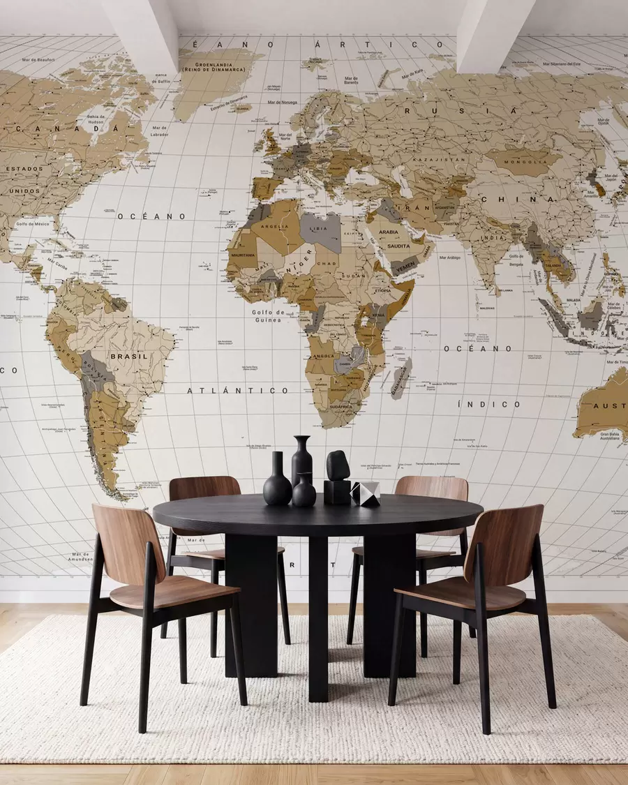 murales de pared Un mapa político del mundo en color marrón con banderas en español c00016es