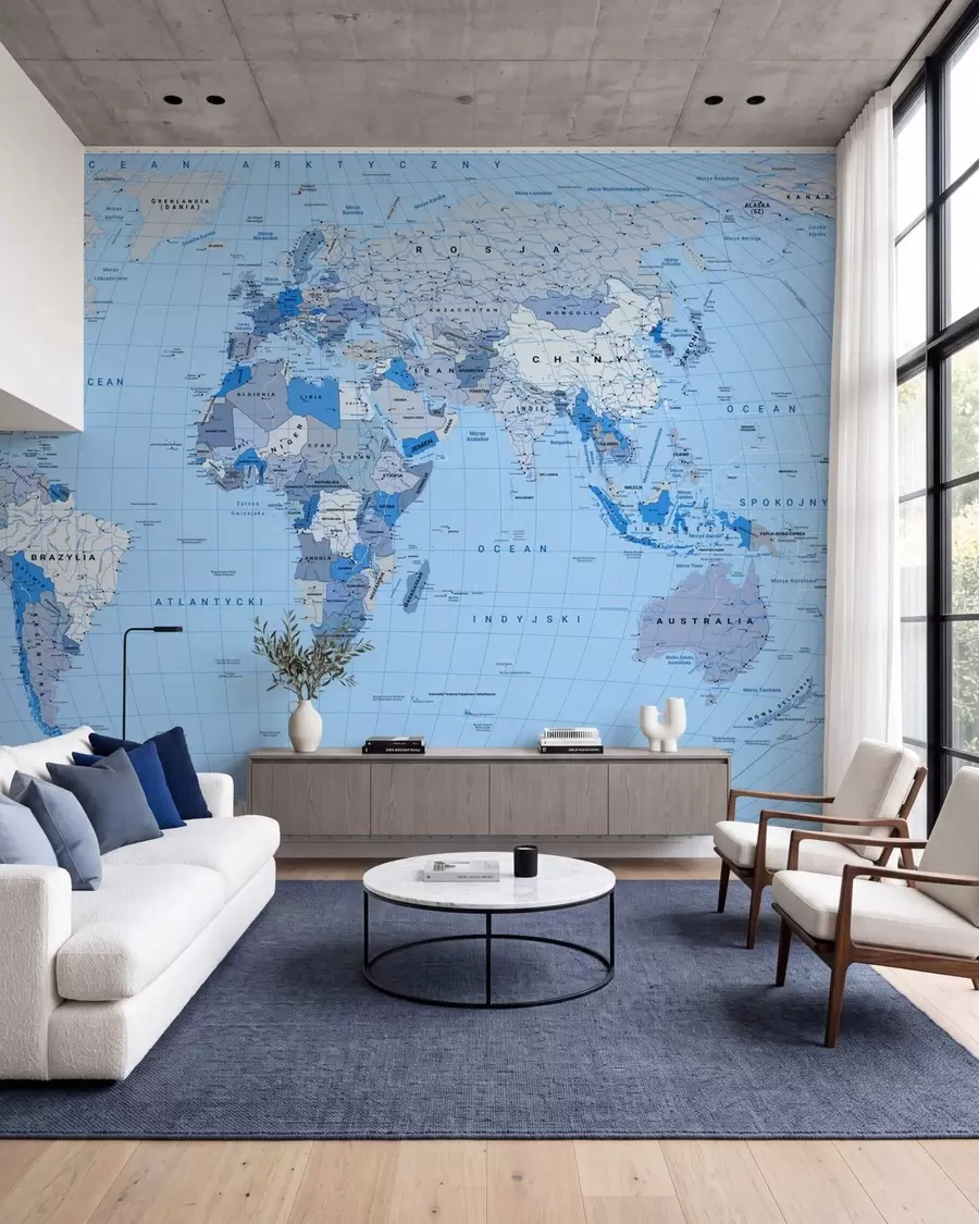 murales de pared Mapa político del mundo en azul con banderas, en polaco c00016plv2