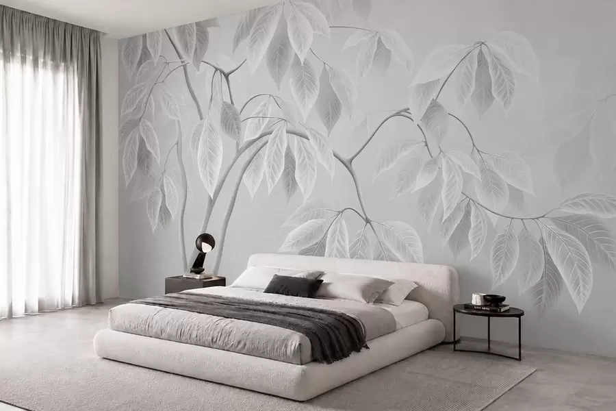 murales de pared Ramas claras con hojas grandes sobre un fondo suave w05806