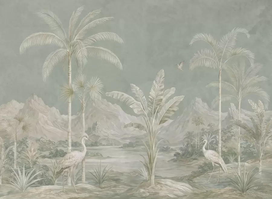 murales de pared Paisaje tropical en suaves tonos verdes w05819
