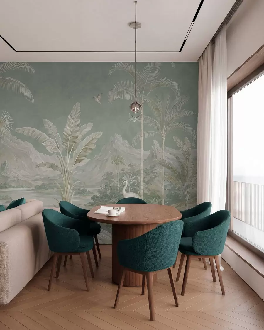 murales de pared Paisaje tropical en suaves tonos verdes w05819