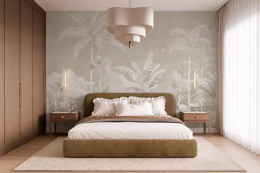 murales de pared Paisaje tropical luminoso con palmeras, pájaros y montañas w05819v1