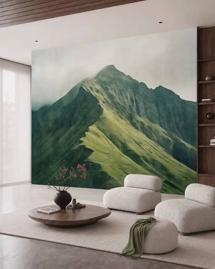 murales de pared Malaquita de montaña con laderas verdes y una cima envuelta en una suave bruma w05820