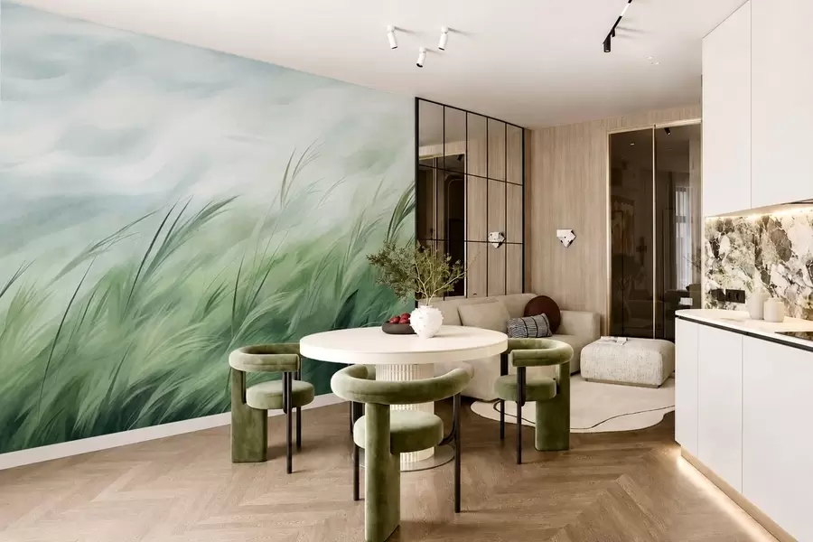 murales de pared Verde salvia con delicadas hierbas que se mecen suavemente con la brisa tranquila w05853