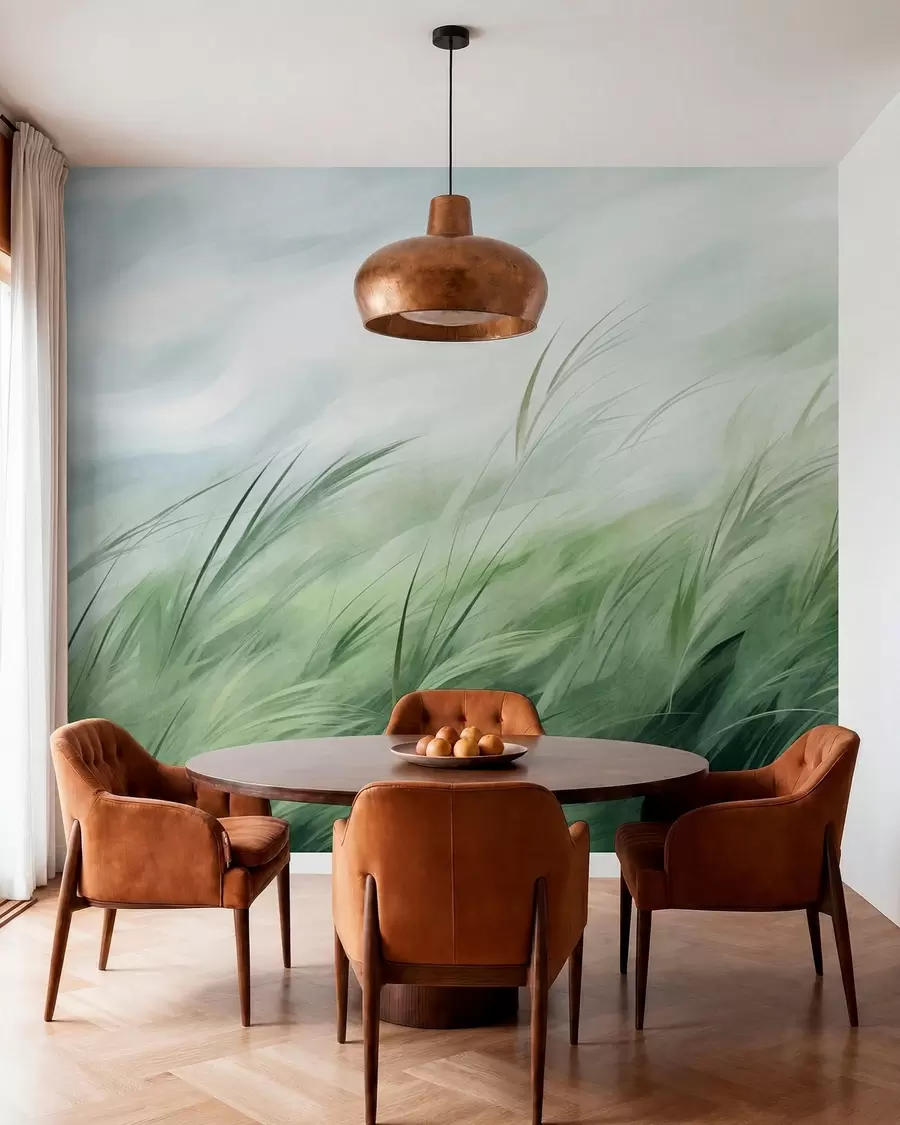 murales de pared Verde salvia con delicadas hierbas que se mecen suavemente con la brisa tranquila w05853