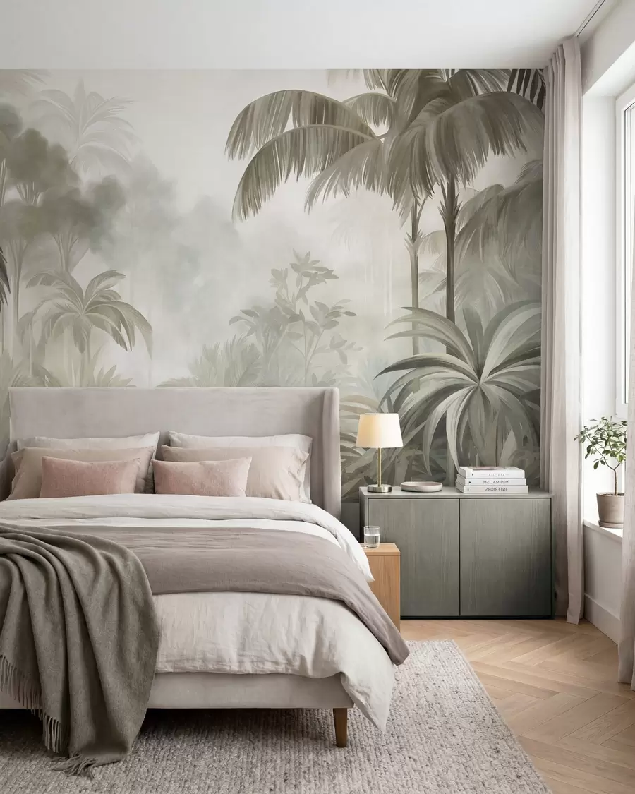 murales de pared Paisaje selvático con textura, con palmeras y una exuberante vegetación, en un estilo suave y pictórico w10016