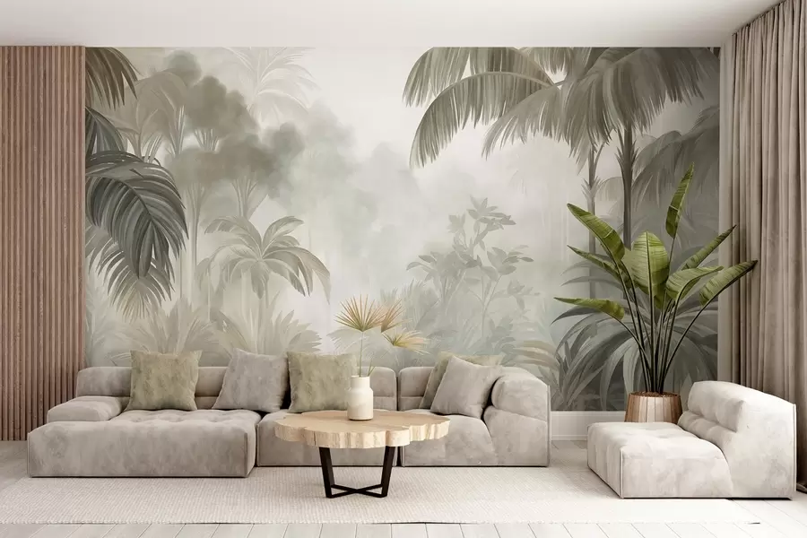 murales de pared Paisaje selvático con textura, con palmeras y una exuberante vegetación, en un estilo suave y pictórico w10016