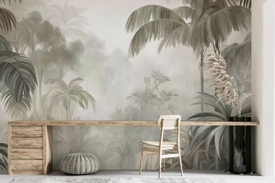 murales de pared Paisaje selvático con textura, con palmeras y una exuberante vegetación, en un estilo suave y pictórico w10016