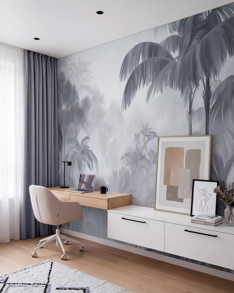 murales de pared Paisaje selvático con textura, con palmeras y una exuberante vegetación, en un estilo suave y pictórico w10016v1