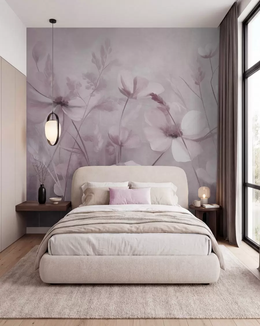 murales de pared Un campo de flores de colores claros y hierbas altas en tonos apagados, obra de arte con textura w10019v1