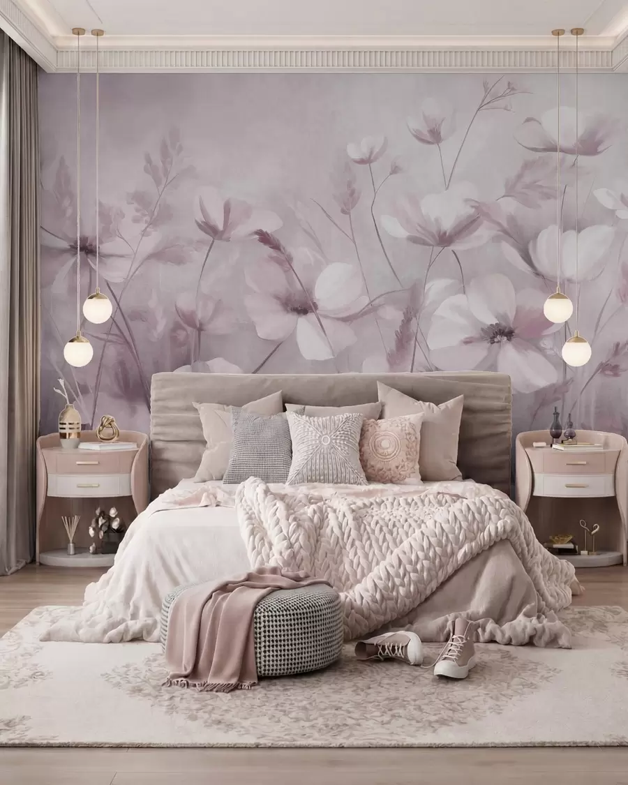 murales de pared Un campo de flores de colores claros y hierbas altas en tonos apagados, obra de arte con textura w10019v1