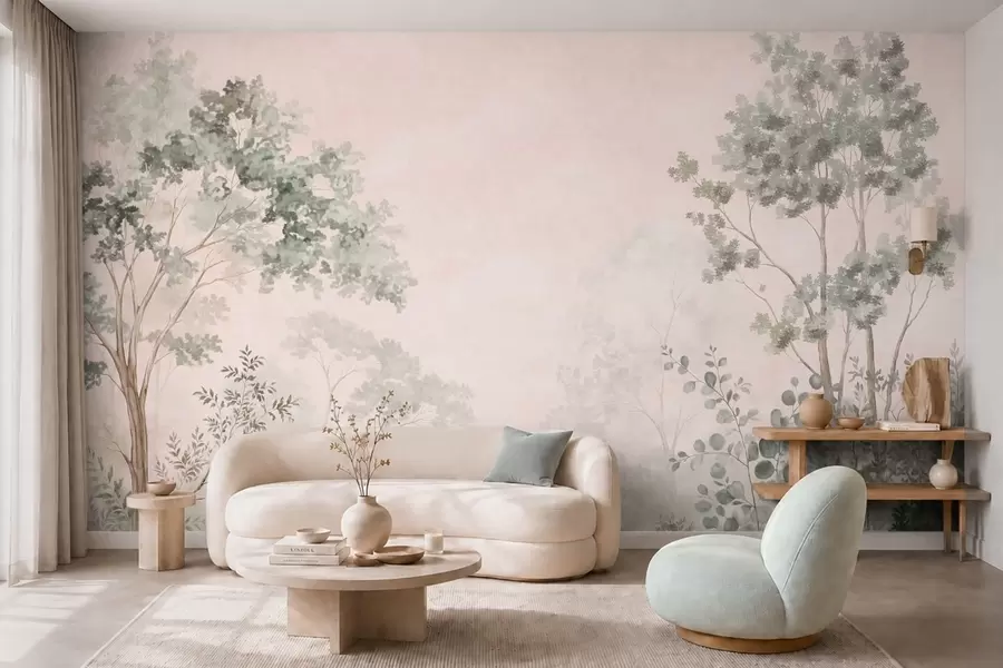 murales de pared Árboles y arbustos del bosque en tonos pastel difuminados w05856