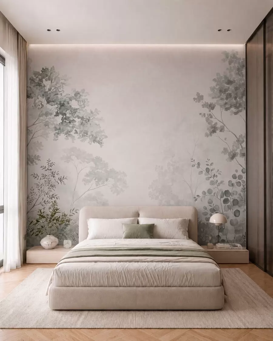 murales de pared Árboles del bosque y vegetación sobre un fondo con una ligera bruma w05856v1