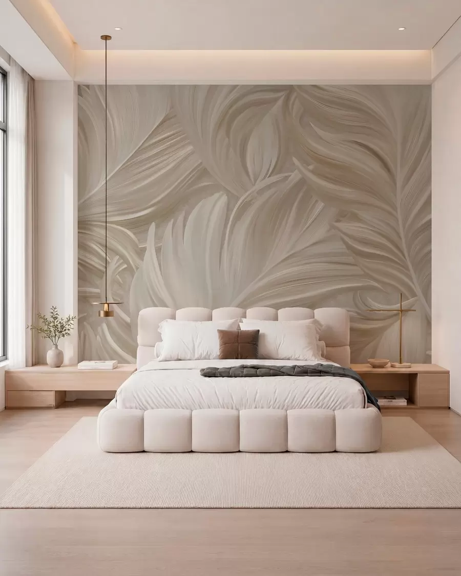 murales de pared Una pluma grande, pintada y curvada en cálidos tonos beige w05757
