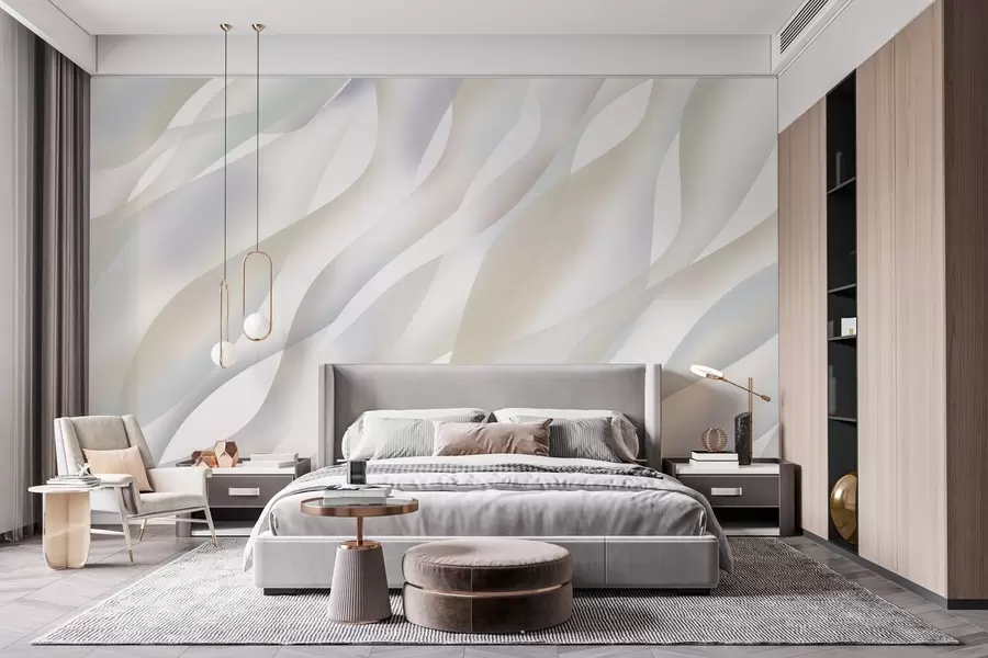 murales de pared Olas abstractas en tonos grises y beige sobre un fondo blanco w05758