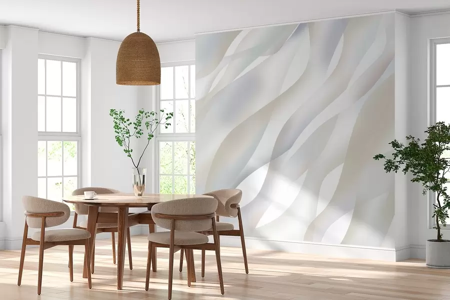 murales de pared Olas abstractas en tonos grises y beige sobre un fondo blanco w05758