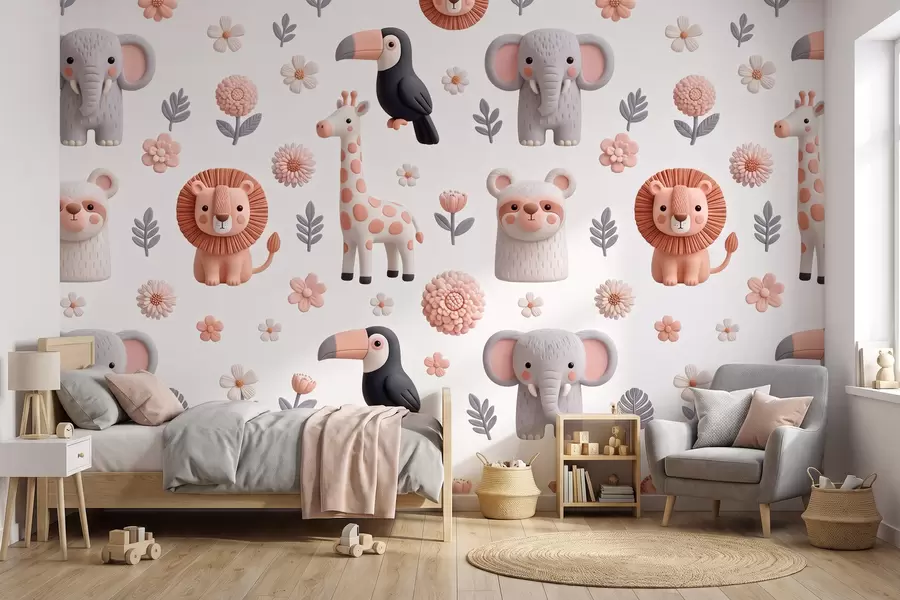 murales de pared Safari en tonos suaves: jirafas, leones, elefantes y tucanes w09994