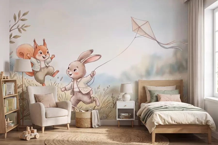 murales de pared Un conejito con una cometa y una ardilla en un prado, en estilo acuarela w10007