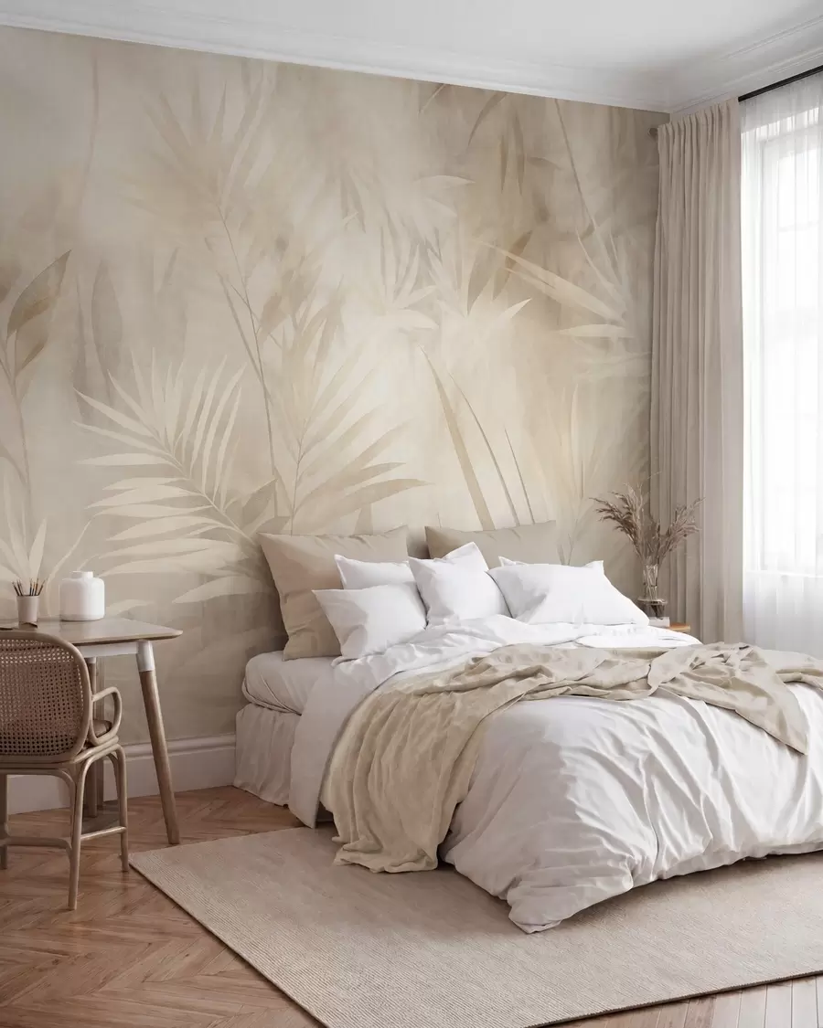 murales de pared Hojas de palmera en tonos beige y crema apagados, con un fondo suave, selva tropical w10023