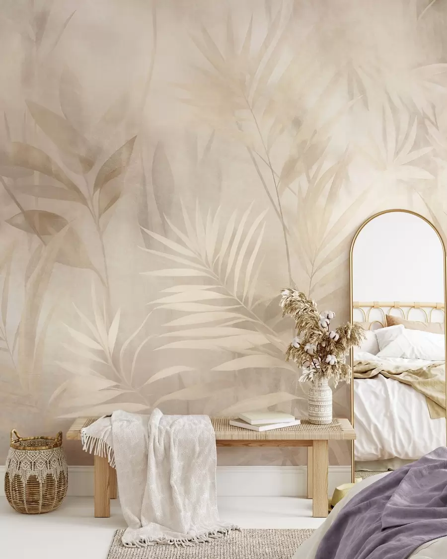 murales de pared Hojas de palmera en tonos beige y crema apagados, con un fondo suave, selva tropical w10023