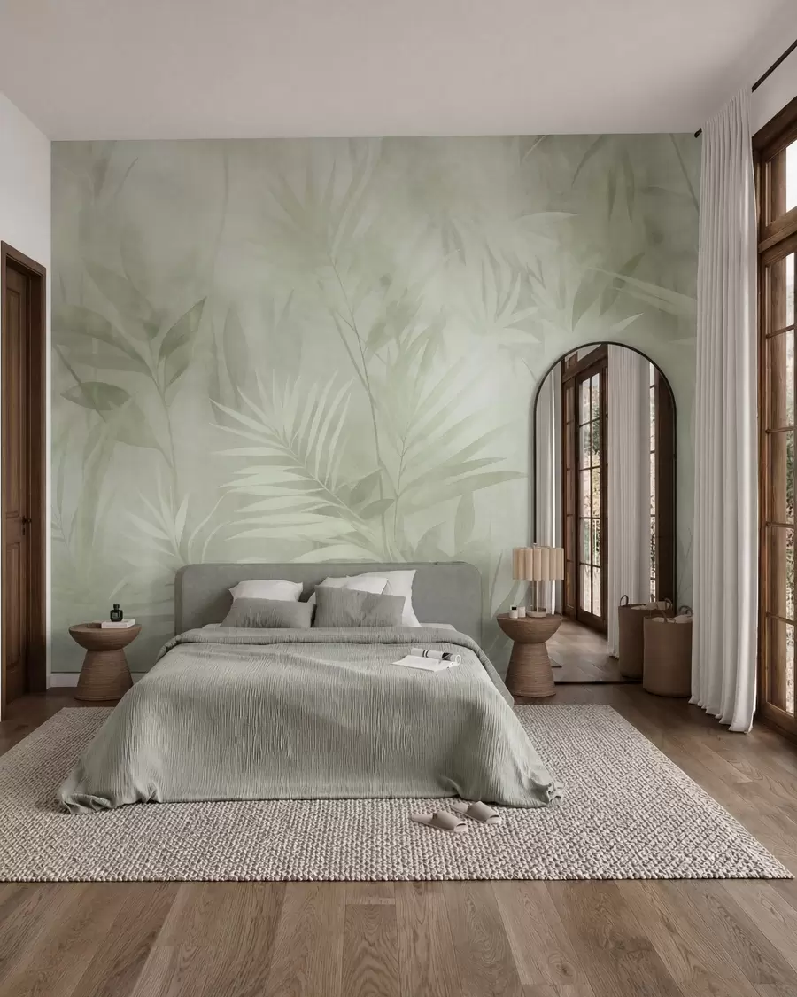 murales de pared Hojas de palmera en tonos verdes apagados, con un fondo suave, selva tropical w10023v1
