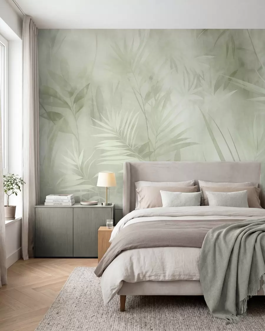 murales de pared Hojas de palmera en tonos verdes apagados, con un fondo suave, selva tropical w10023v1