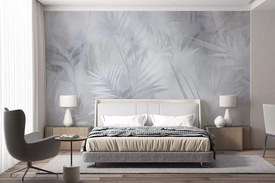 murales de pared Hojas de palmera en tonos azules apagados, con un fondo suave, selva tropical w10023v2