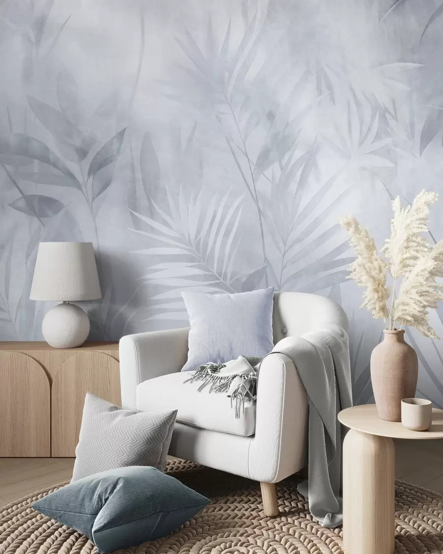 murales de pared Hojas de palmera en tonos azules apagados, con un fondo suave, selva tropical w10023v2