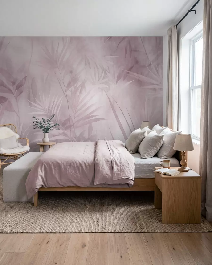 murales de pared Hojas de palmera en tonos rosados apagados, con un fondo suave, selva tropical w10023v3