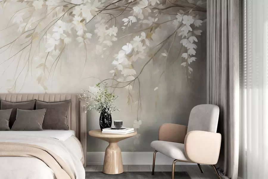 murales de pared Una delicada rama de cerezo con flores blancas y hojas, estilo pictórico w10024