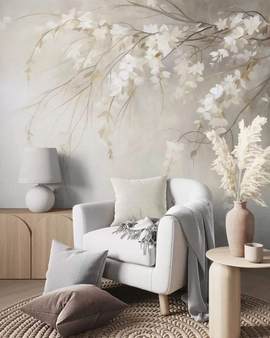 murales de pared Una delicada rama de cerezo con flores blancas y hojas, estilo pictórico w10024