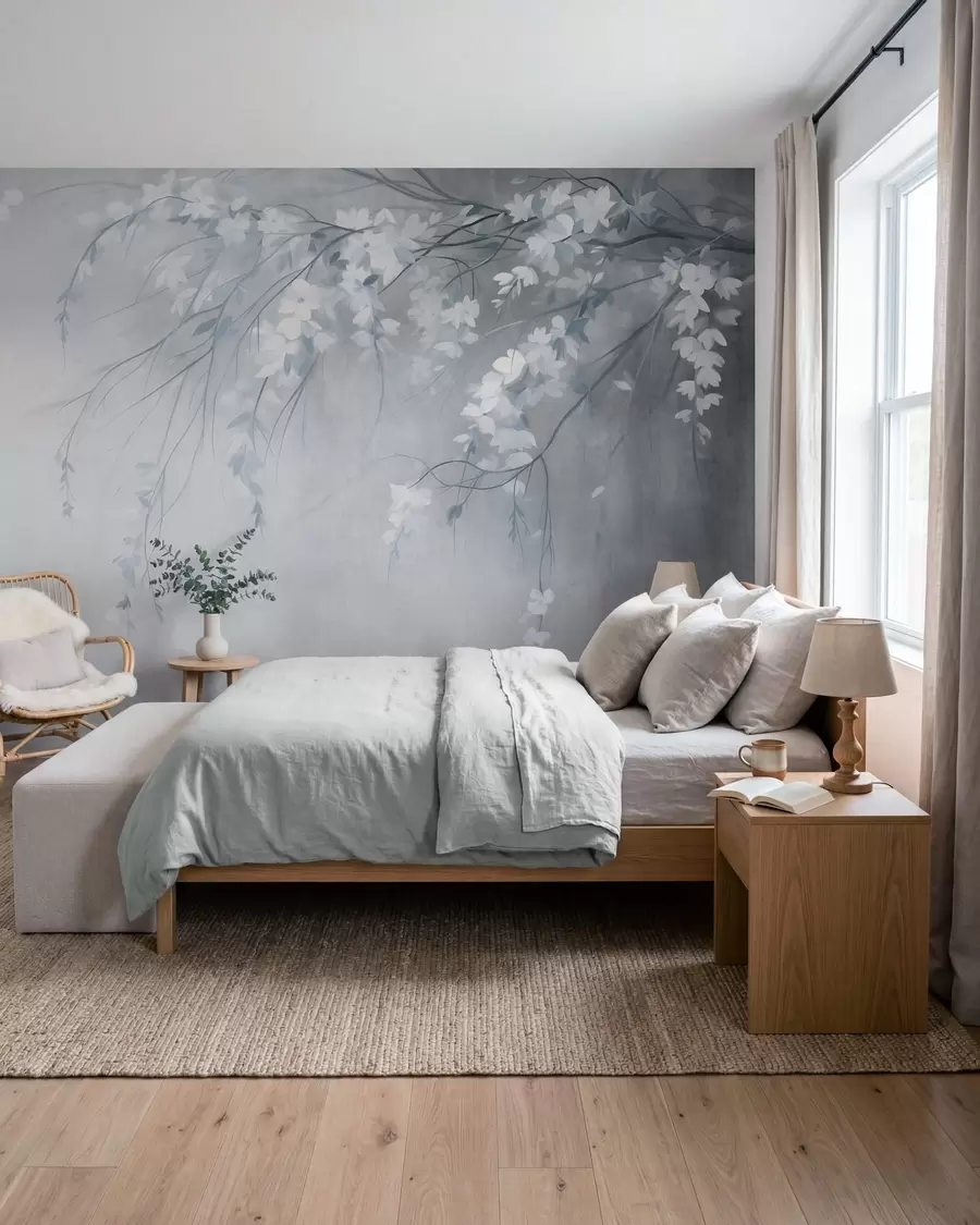 murales de pared Una delicada rama de cerezo con flores blancas y hojas, estilo pictórico w10024v1