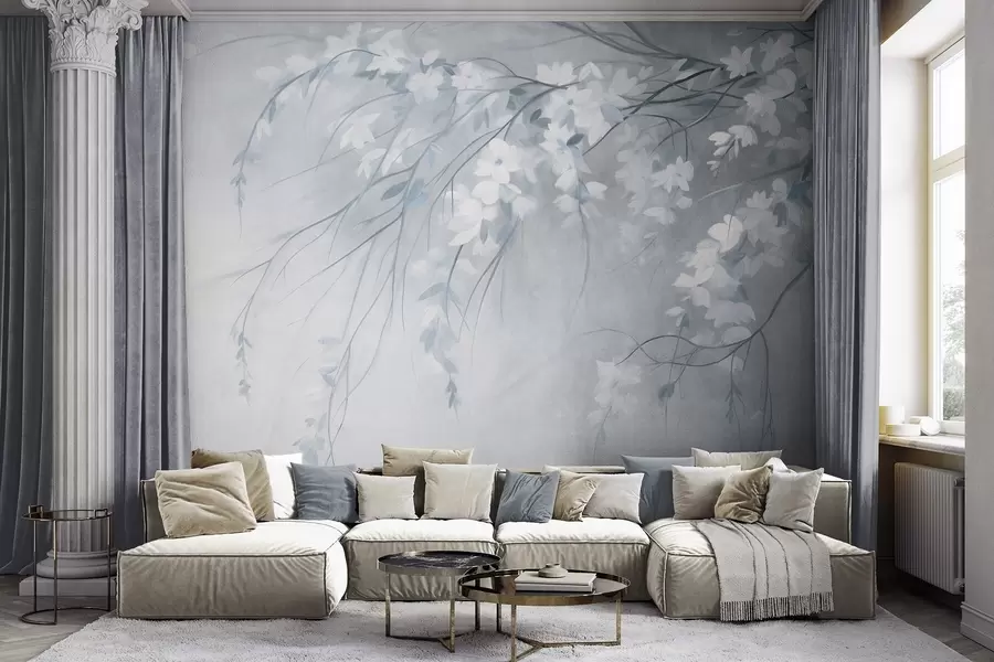 murales de pared Una delicada rama de cerezo con flores blancas y hojas, estilo pictórico w10024v1